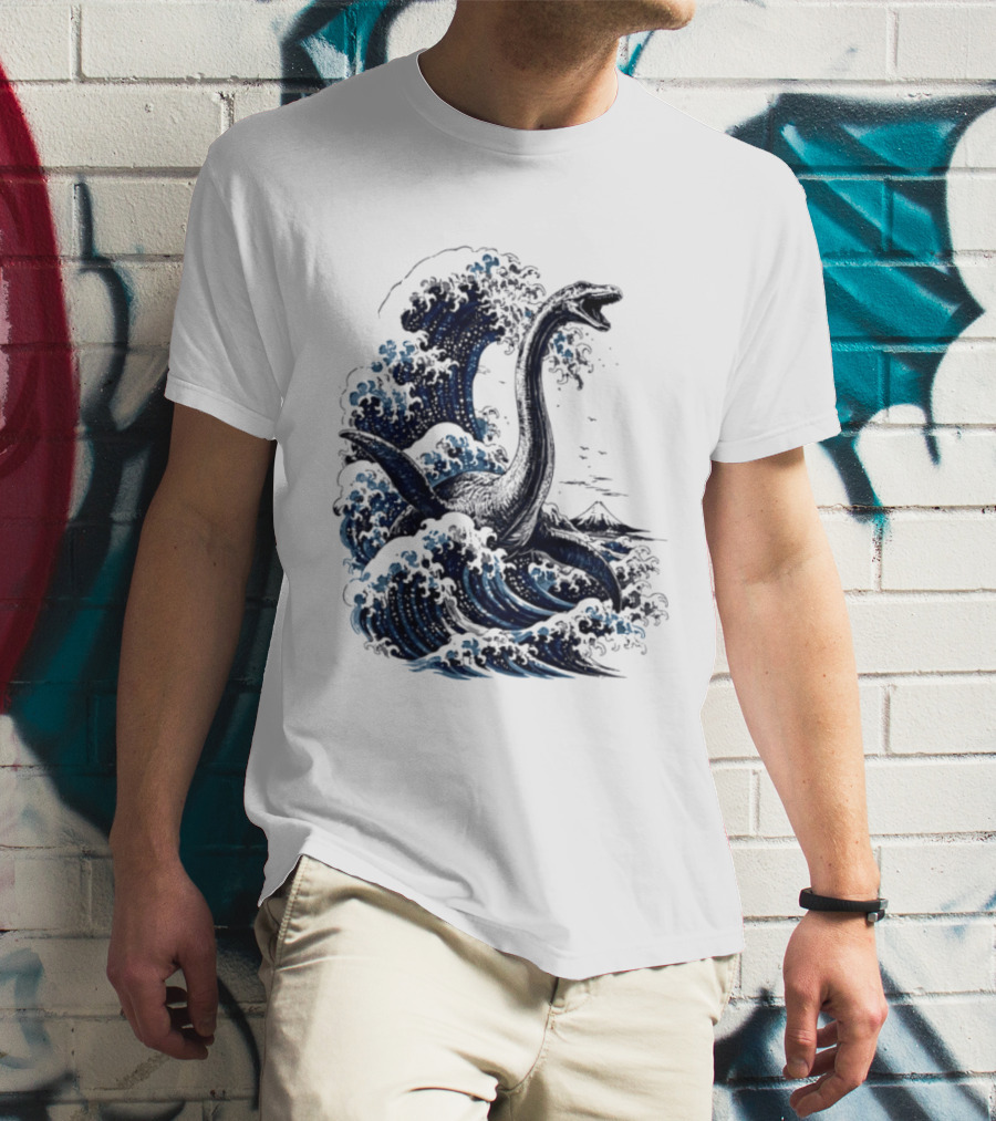 Great Wave Off Kanagawa Loch Ness Monster Mount Fuji Fusion T-Shirt