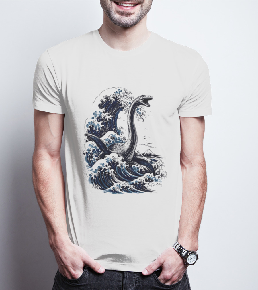 Great Wave Off Kanagawa Loch Ness Monster Mount Fuji Fusion T-Shirt
