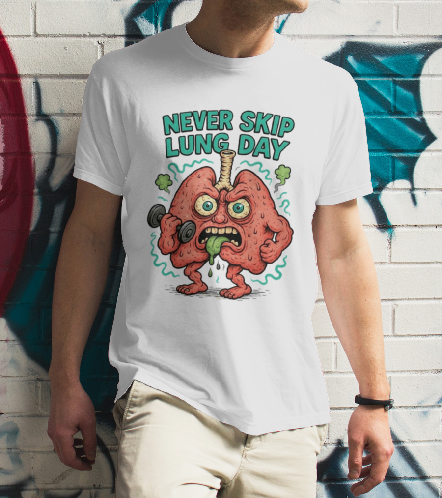 Never Skip Lung Day Funny Fitness Cartoon Lungs Lifting Weights T-Shirt