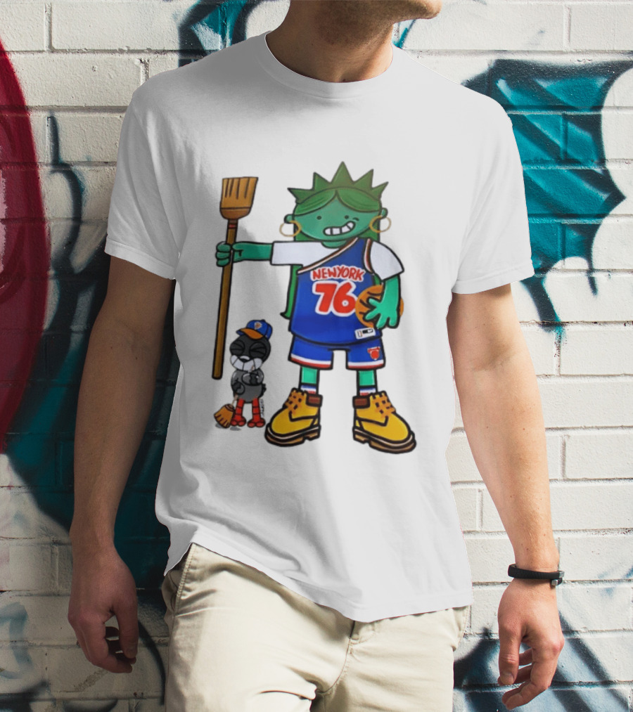 New York 76 Knicks Statue Liberty Broom Basketball 2024 T-Shirt
