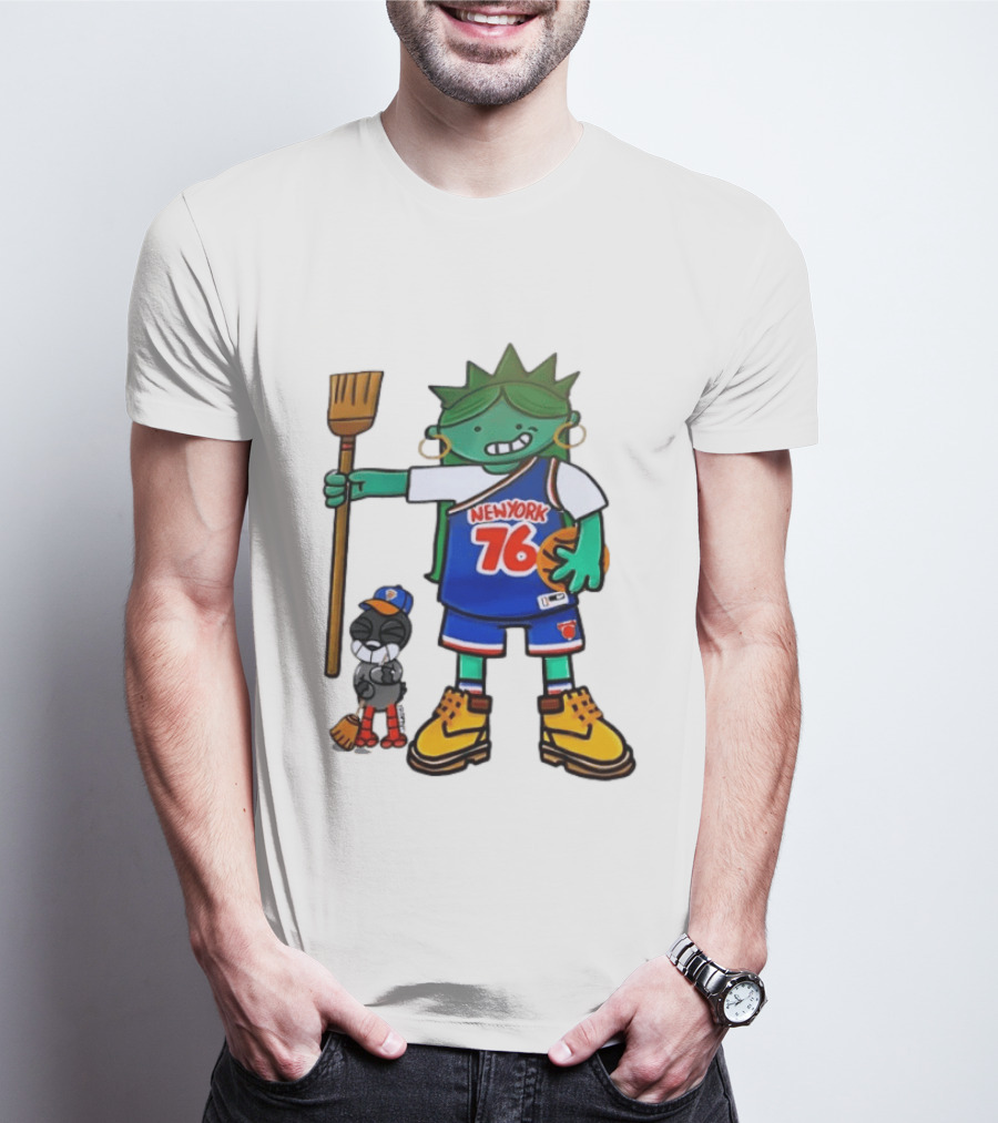 New York 76 Knicks Statue Liberty Broom Basketball 2024 T-Shirt