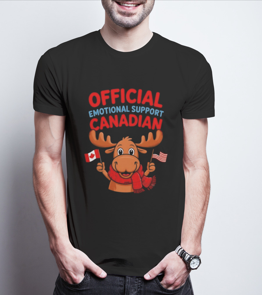 Official Emotional Support Canadian Moose With Canadian And American Flags T-Shirt