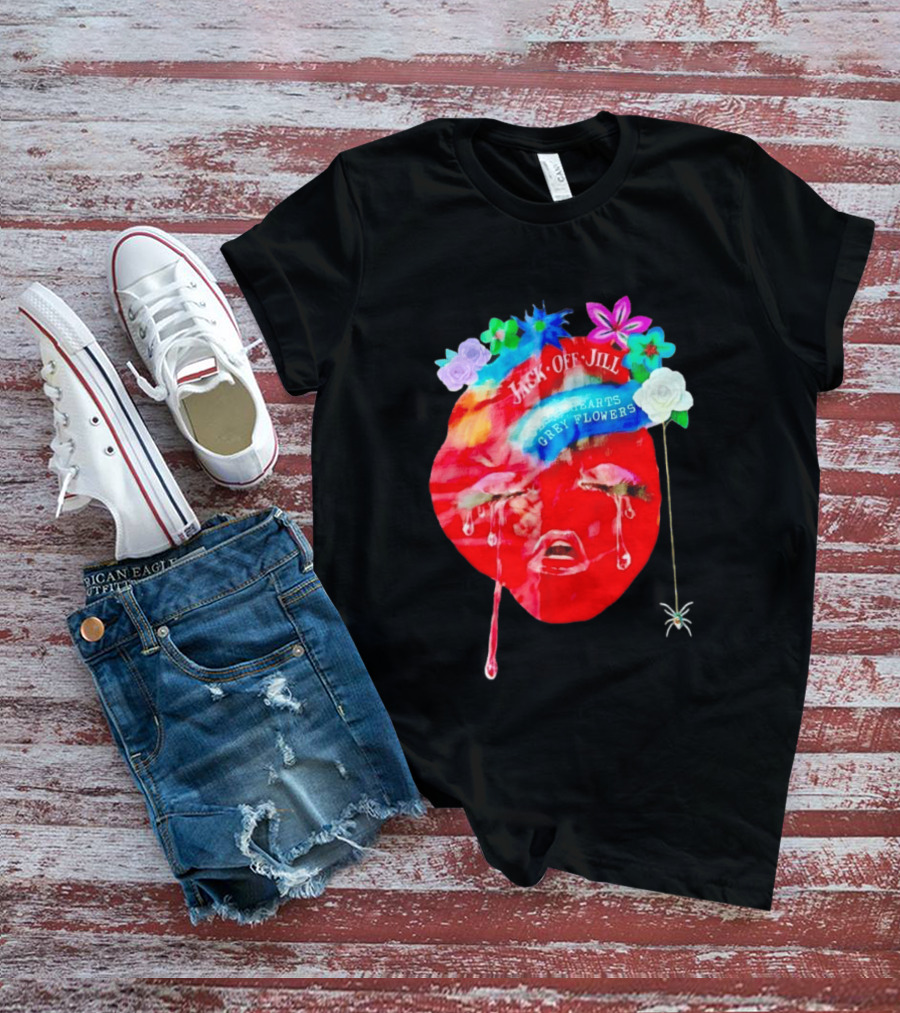 Jack Off Jill Clear Hearts Grey Flowers Crying Face With Colorful Floral Accents T-Shirt