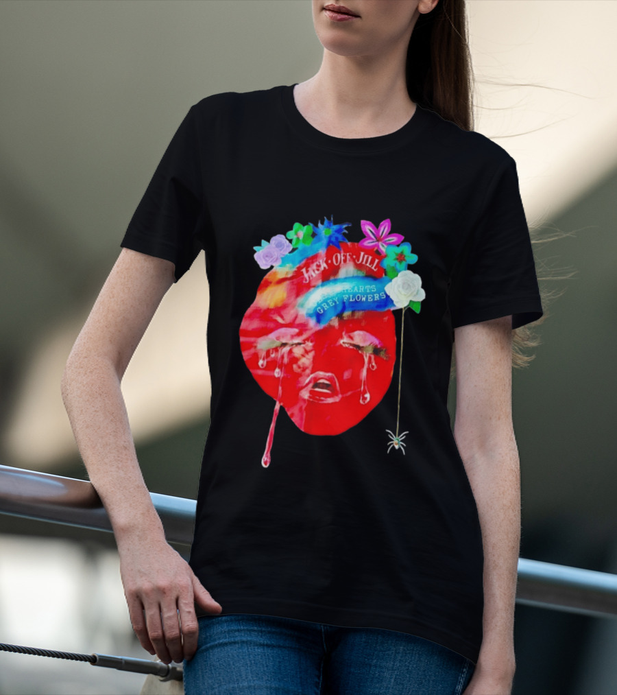 Jack Off Jill Clear Hearts Grey Flowers Crying Face With Colorful Floral Accents T-Shirt