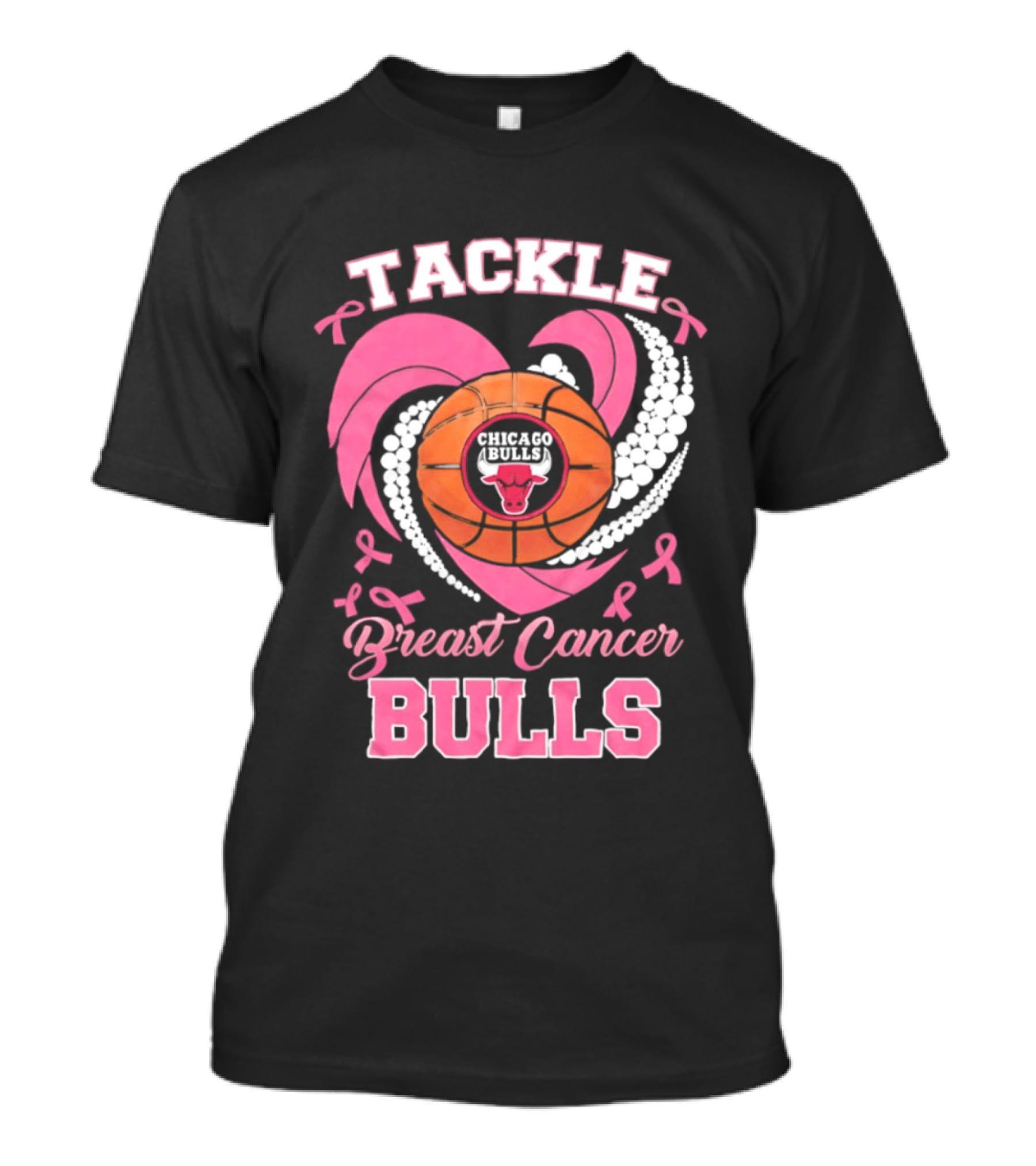 Tackle Breast Cancer Bulls Heart Pink Ribbons T-Shirt