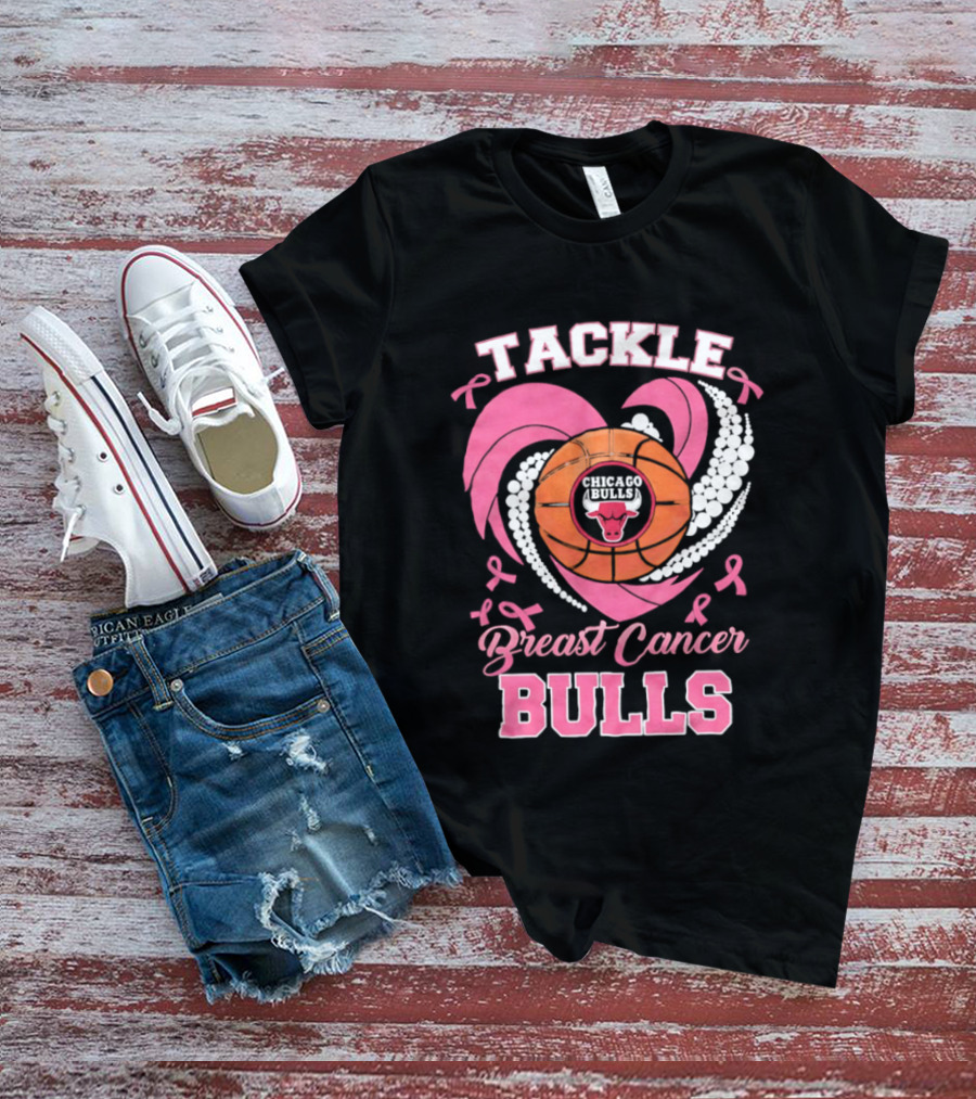Tackle Breast Cancer Bulls Heart Pink Ribbons T-Shirt