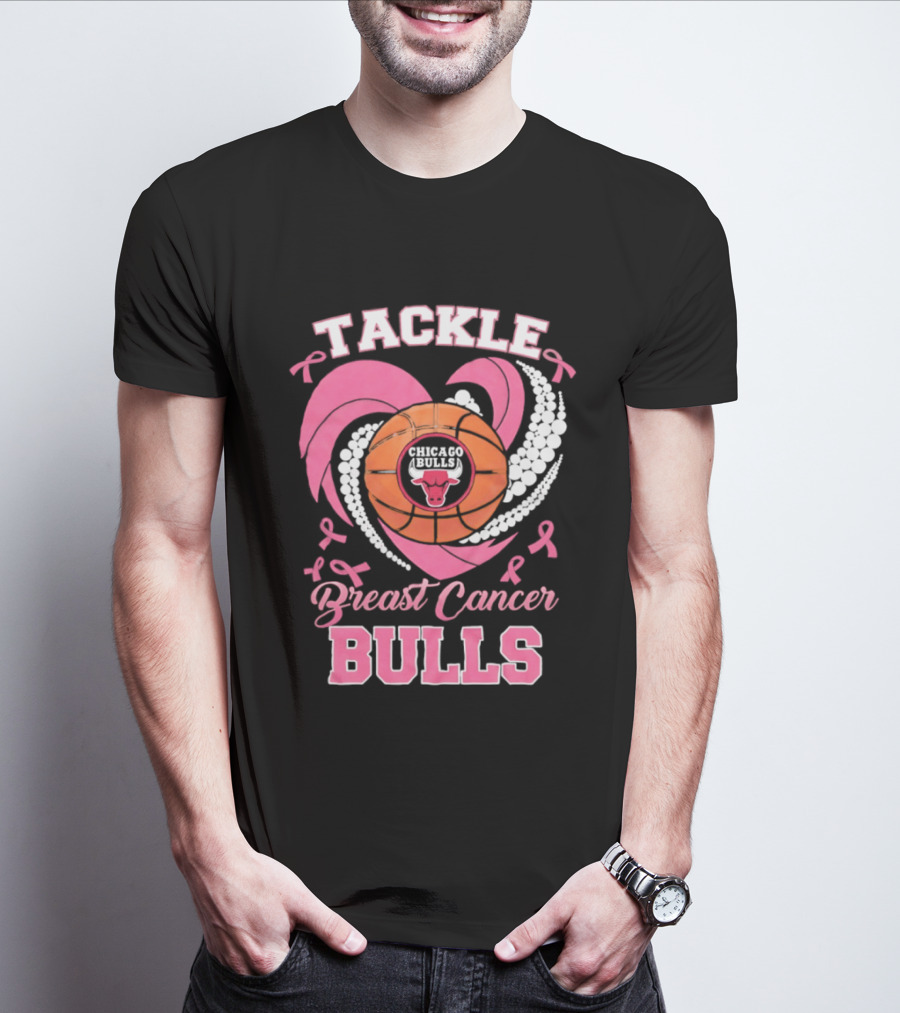 Tackle Breast Cancer Bulls Heart Pink Ribbons T-Shirt