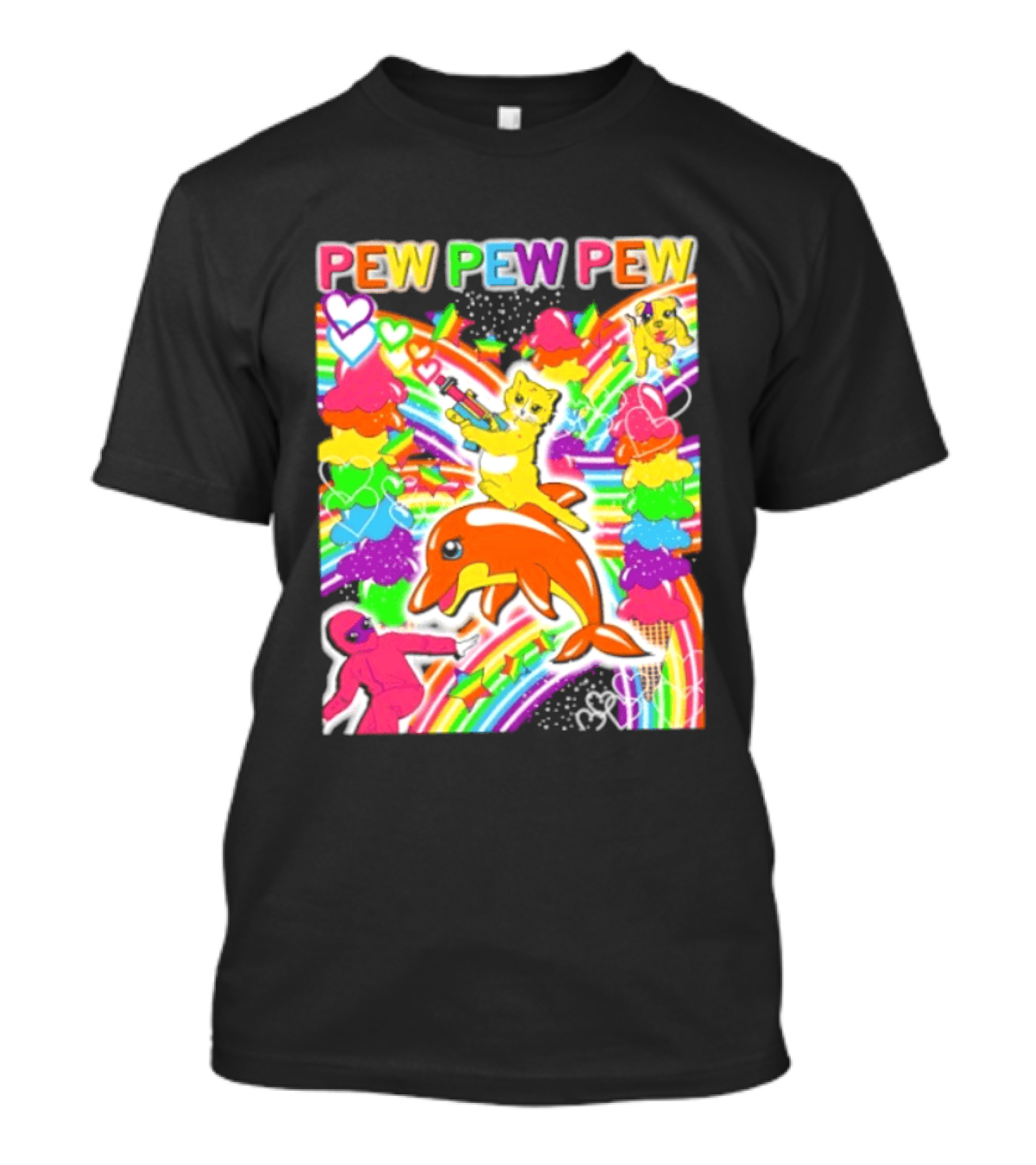 Pew Pew Pew Rainbow Pride Fun With Colorful Dolphins And Hearts T-Shirt