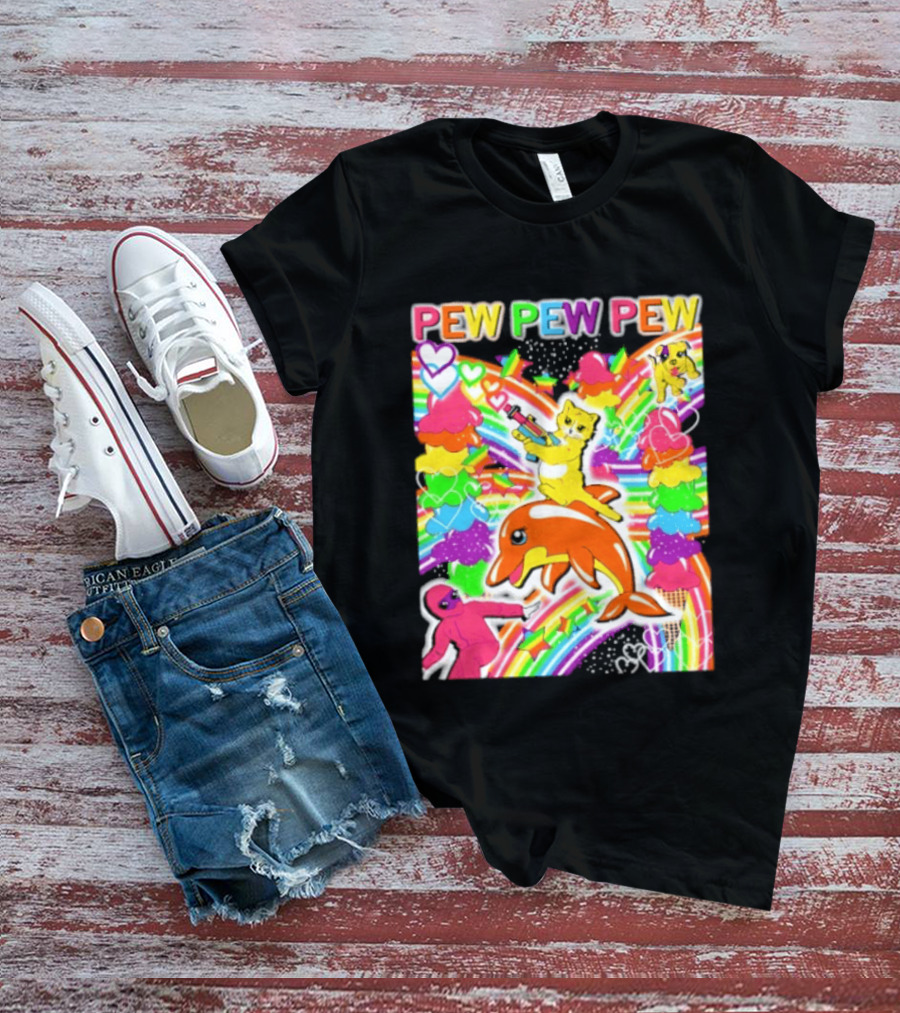 Pew Pew Pew Rainbow Pride Fun With Colorful Dolphins And Hearts T-Shirt