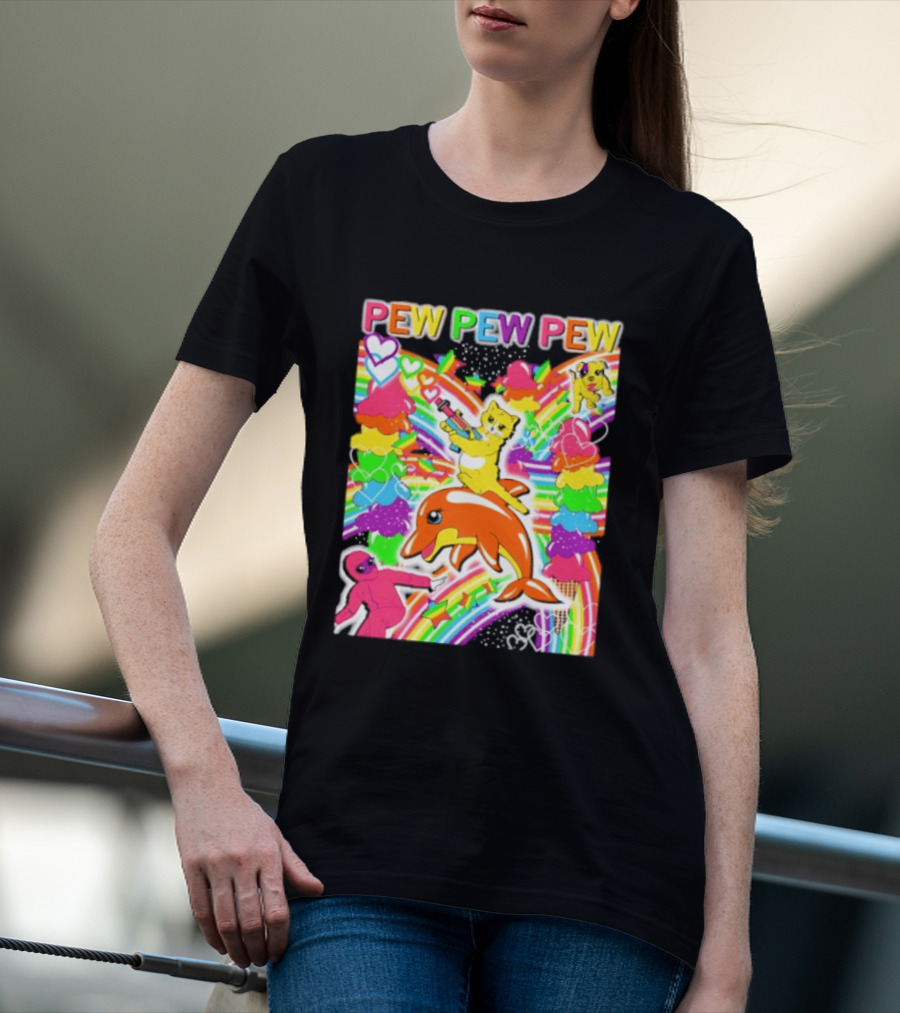Pew Pew Pew Rainbow Pride Fun With Colorful Dolphins And Hearts T-Shirt