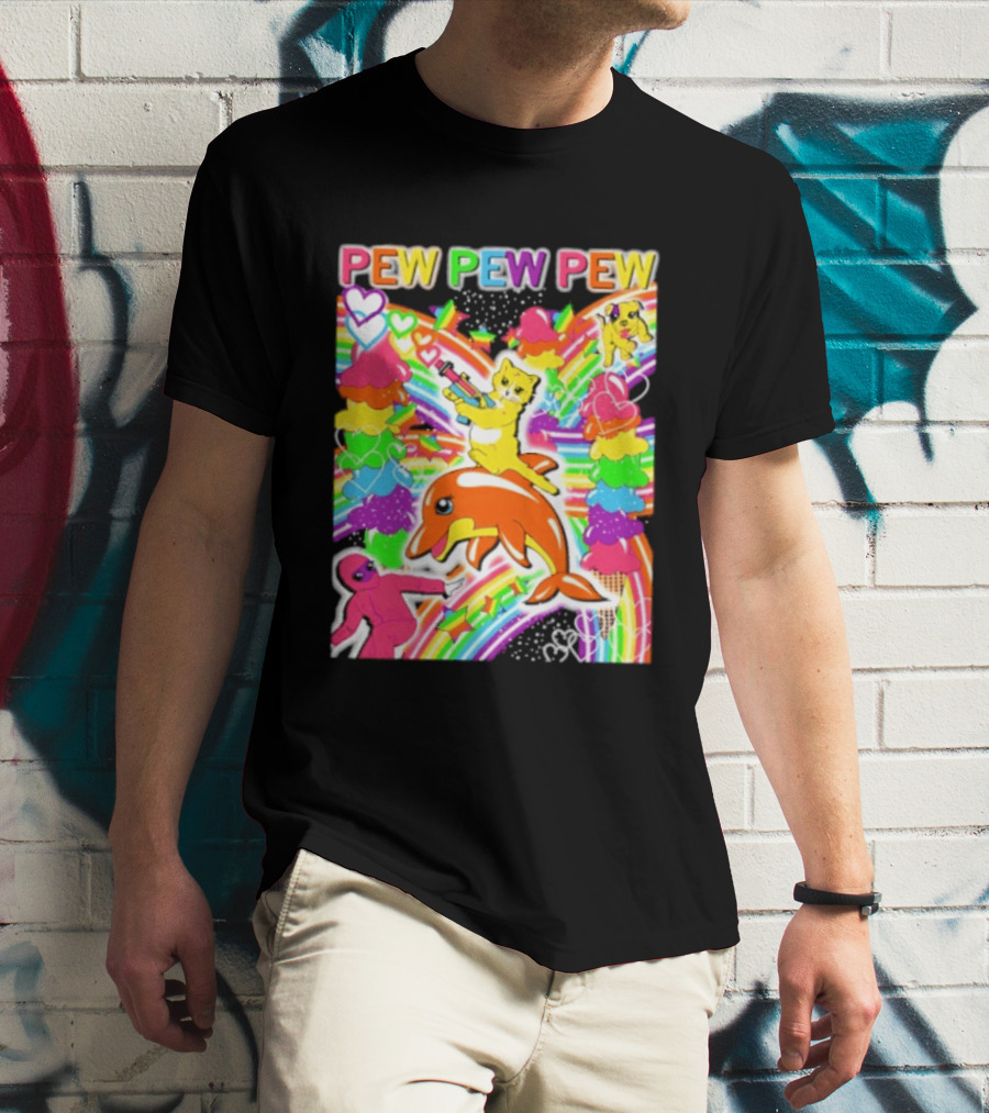 Pew Pew Pew Rainbow Pride Fun With Colorful Dolphins And Hearts T-Shirt