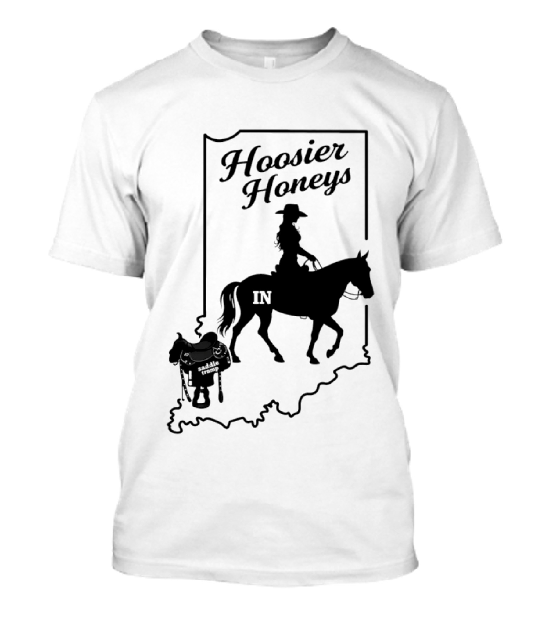 Hoosier Honeys Saddle Tramp Indiana State Map IN Horseback T-Shirt