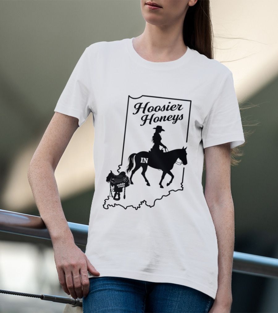 Hoosier Honeys Saddle Tramp Indiana State Map IN Horseback T-Shirt