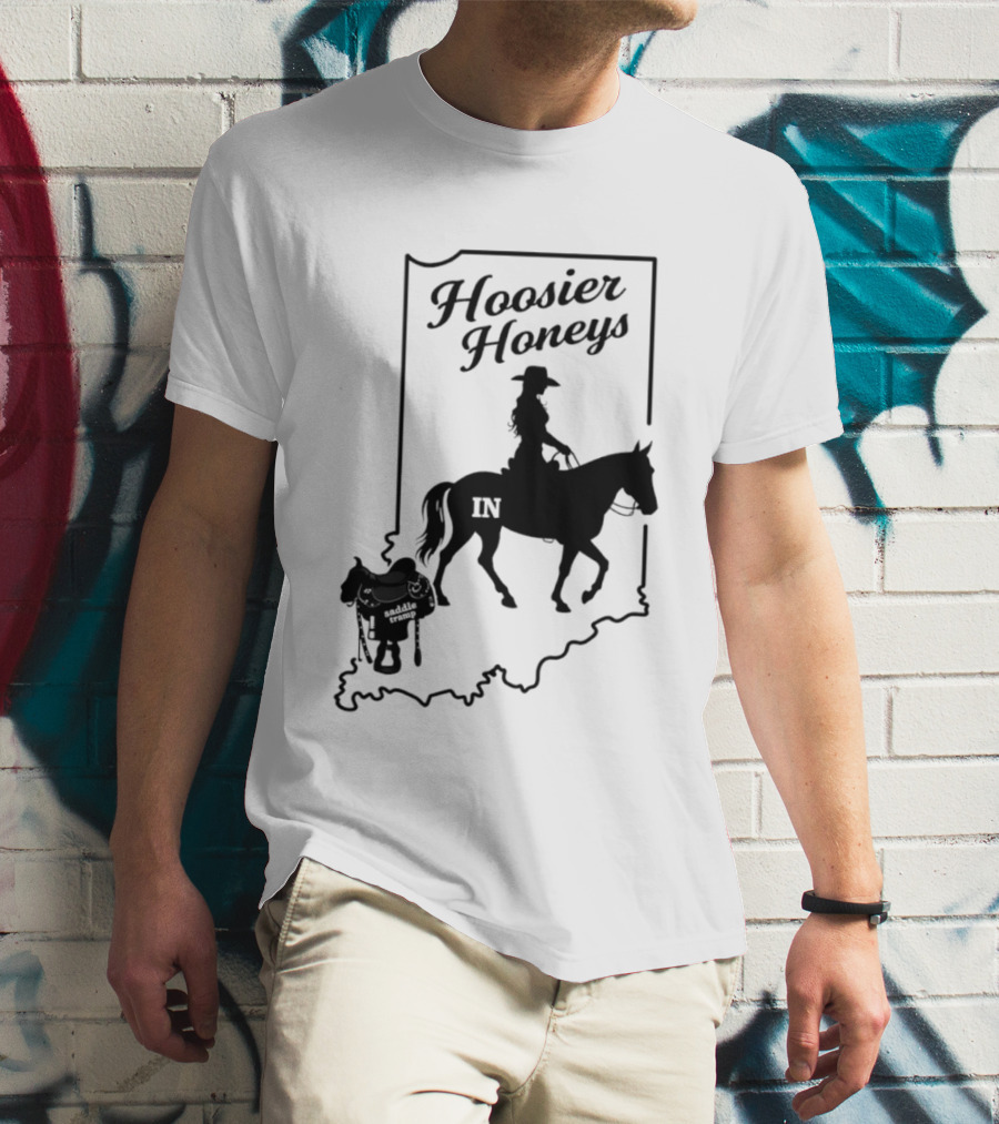 Hoosier Honeys Saddle Tramp Indiana State Map IN Horseback T-Shirt