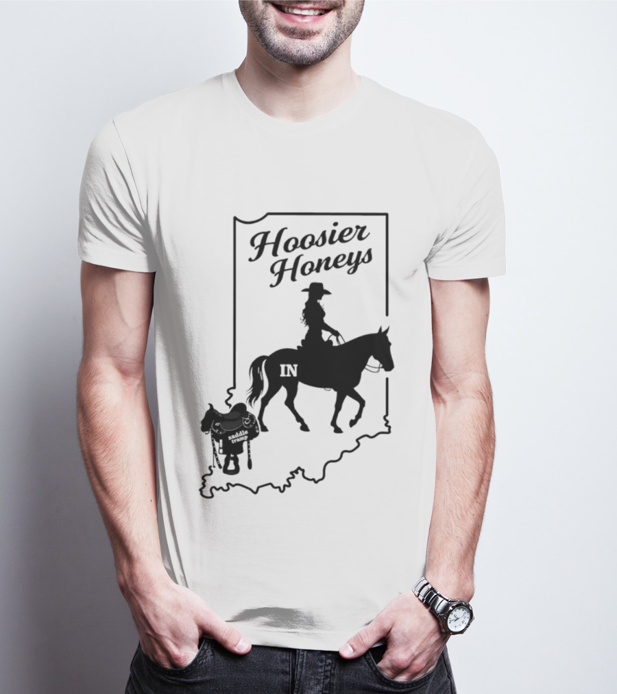 Hoosier Honeys Saddle Tramp Indiana State Map IN Horseback T-Shirt