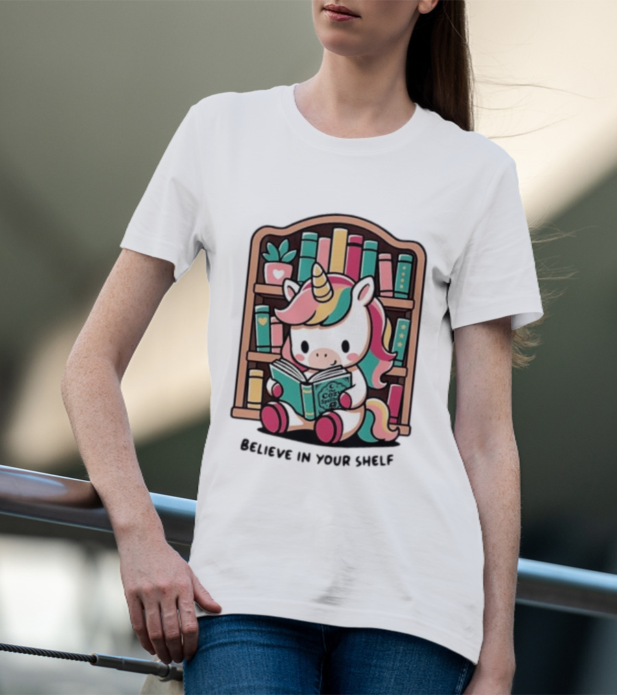 Unicorn Reading Believe In Your Shelf Bookshelf Magic T-Shirt