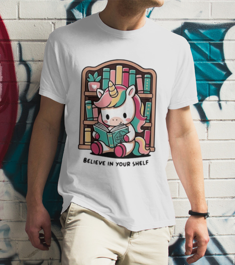 Unicorn Reading Believe In Your Shelf Bookshelf Magic T-Shirt