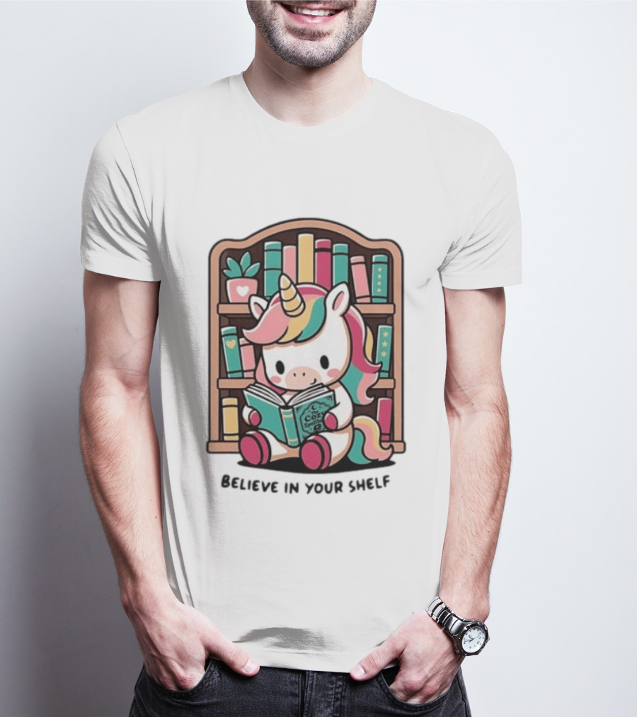 Unicorn Reading Believe In Your Shelf Bookshelf Magic T-Shirt