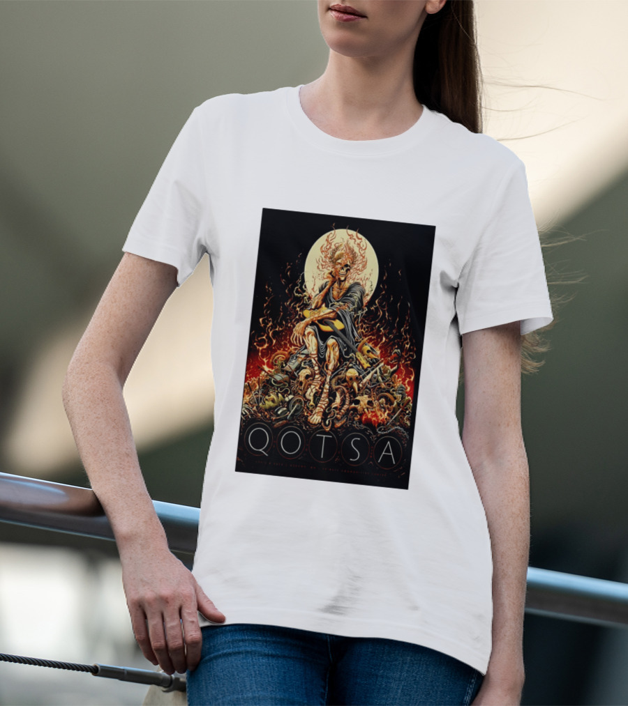 QOTSA April 8 2024 Calgary Communities Centre Flaming Skeleton Throne T-Shirt