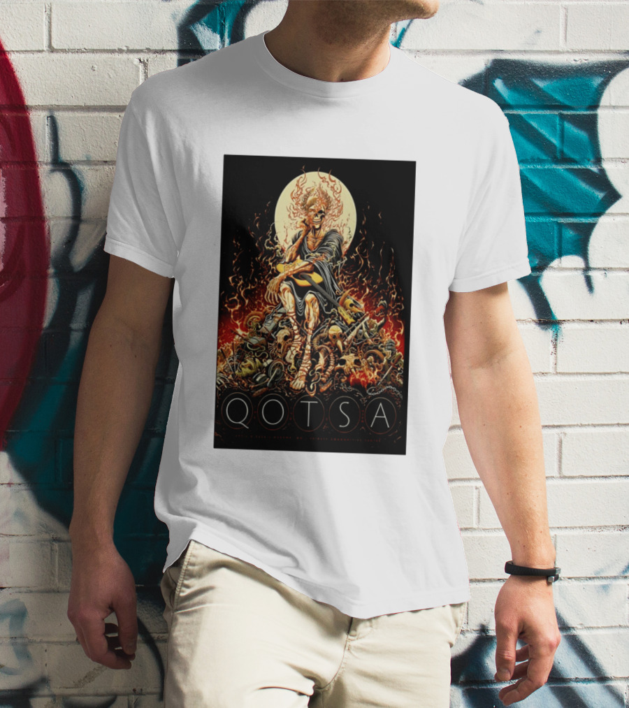 QOTSA April 8 2024 Calgary Communities Centre Flaming Skeleton Throne T-Shirt
