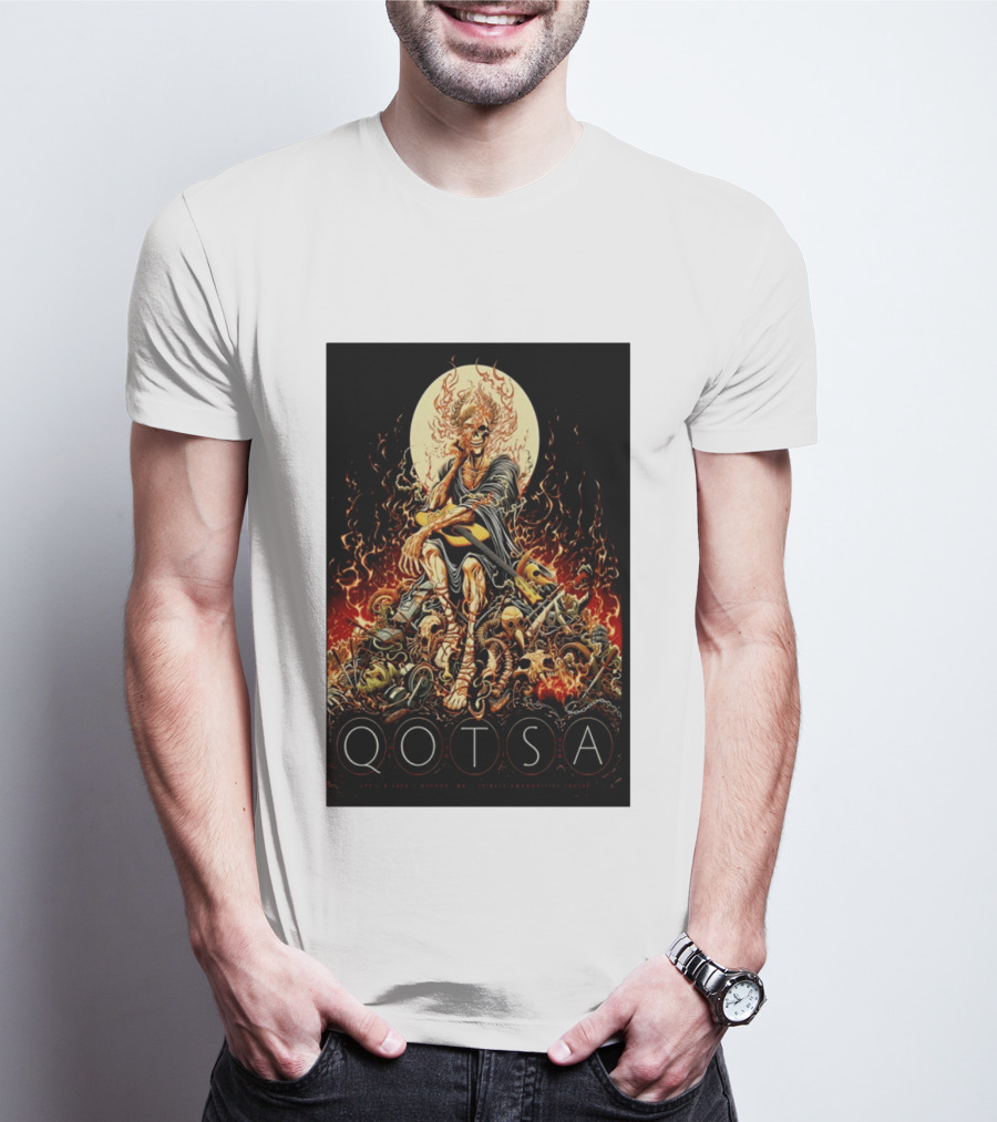 QOTSA April 8 2024 Calgary Communities Centre Flaming Skeleton Throne T-Shirt