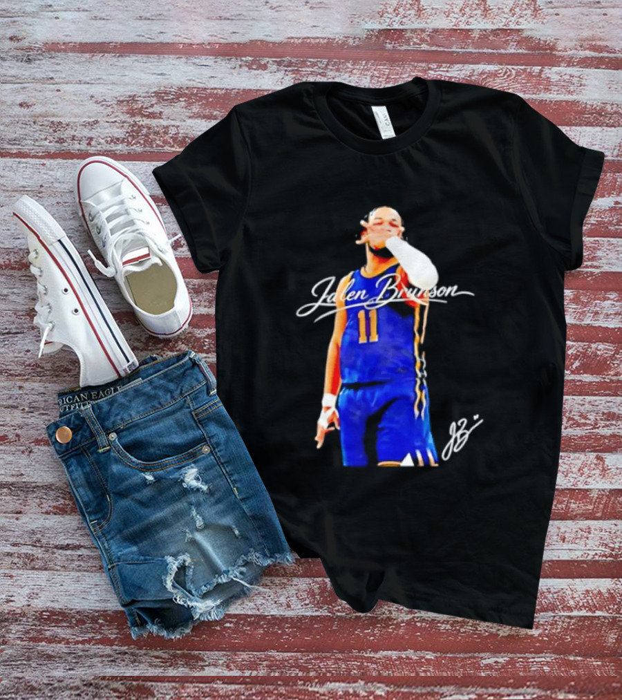 Jalen Brunson 11 Signature Gesture Basketball Blue Uniform T-Shirt