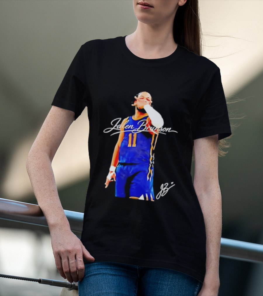 Jalen Brunson 11 Signature Gesture Basketball Blue Uniform T-Shirt