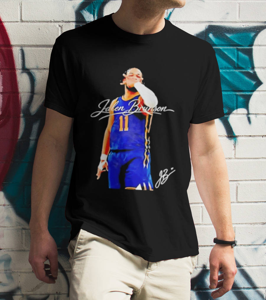 Jalen Brunson 11 Signature Gesture Basketball Blue Uniform T-Shirt