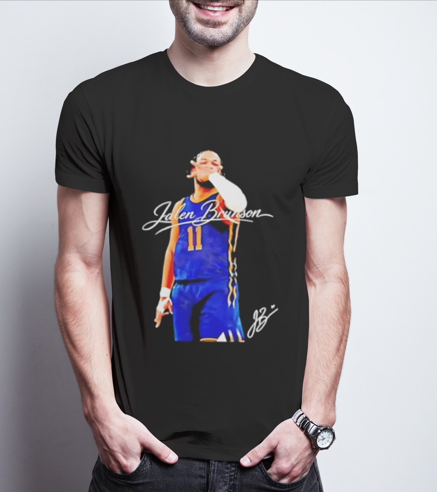 Jalen Brunson 11 Signature Gesture Basketball Blue Uniform T-Shirt