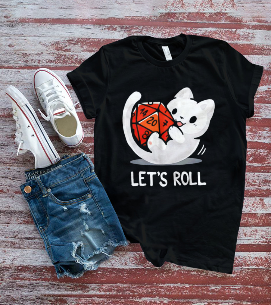 Let's Roll Cat Holding 20 Sided Die Dungeons And Dragons T-Shirt