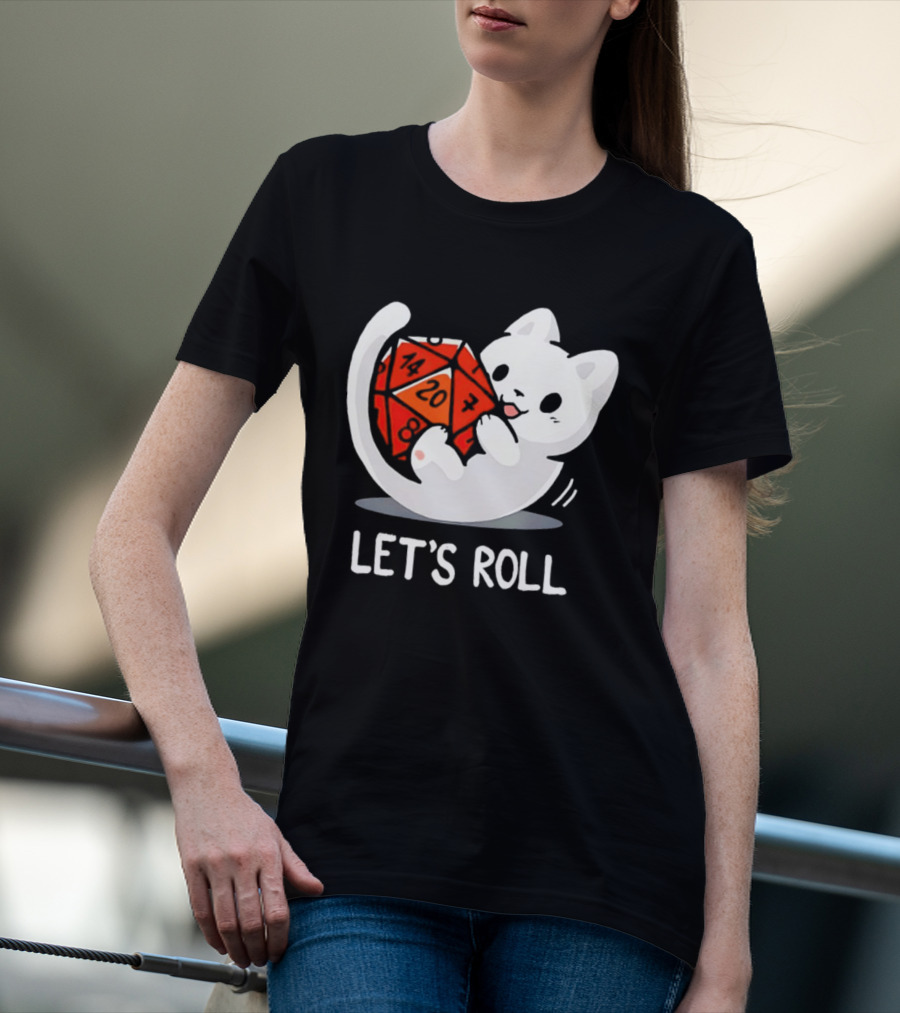 Let's Roll Cat Holding 20 Sided Die Dungeons And Dragons T-Shirt