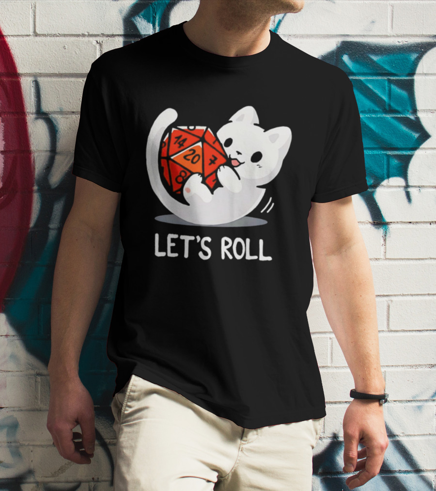 Let's Roll Cat Holding 20 Sided Die Dungeons And Dragons T-Shirt