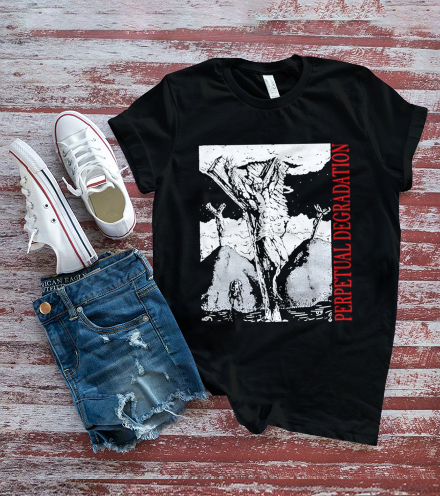 Perpetual Degradation Monster Crucifixion Skull Mountains Clouds T-Shirt