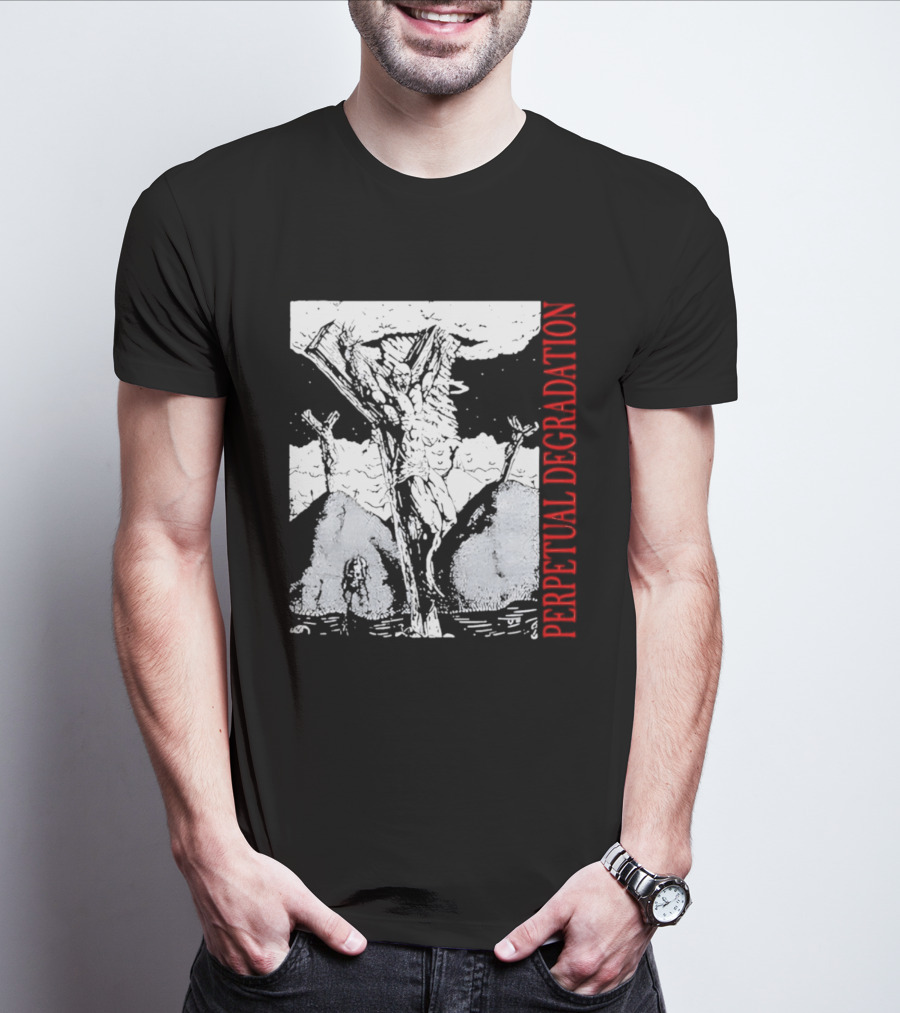Perpetual Degradation Monster Crucifixion Skull Mountains Clouds T-Shirt