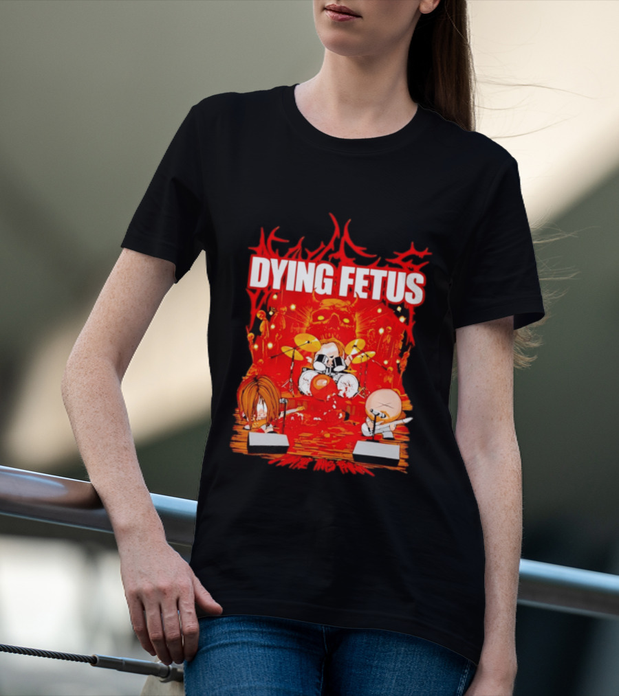 Dying Fetus Cartoon Band Rocking Out In Red Scene T-Shirt