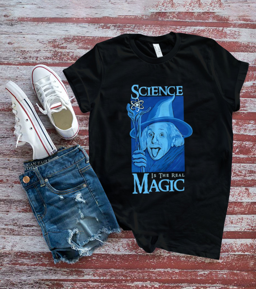 Science Is The Real Magic Einstein Wizard Motif T-Shirt
