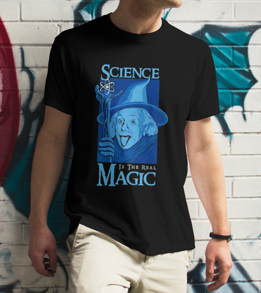 Science Is The Real Magic Einstein Wizard Motif T-Shirt