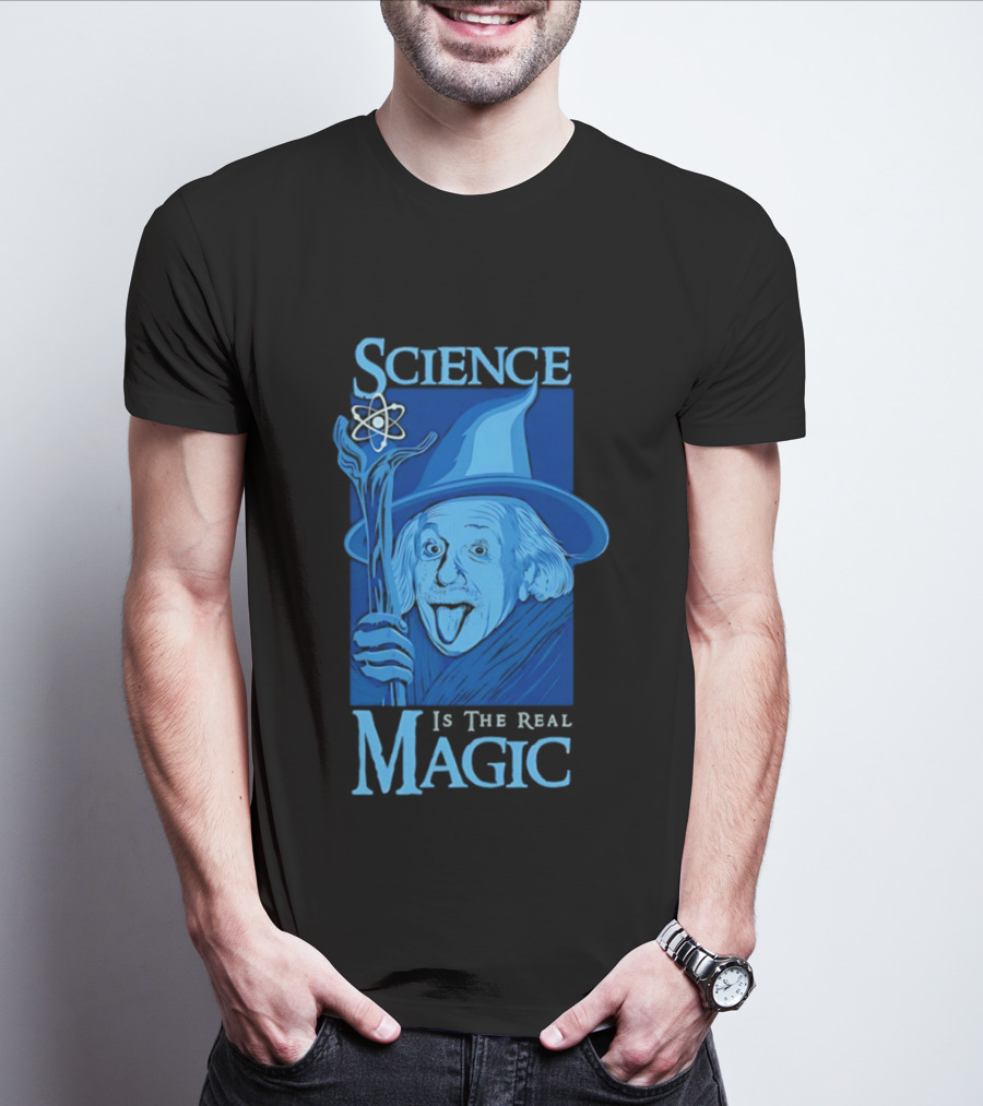 Science Is The Real Magic Einstein Wizard Motif T-Shirt