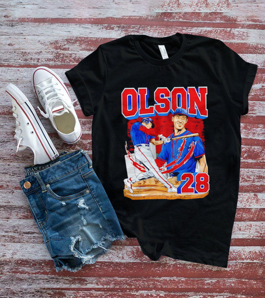 Olson 28 Baseball Player Blue And Red Hand Drawn T-Shirt