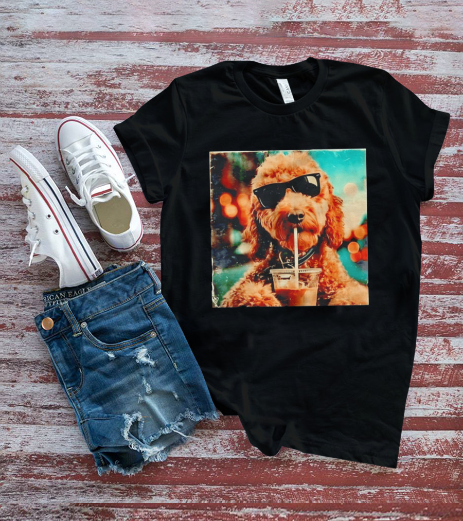 Goldendoodle With Sunglasses Enjoying Iced Coffee Retro Cool Vibes T-Shirt