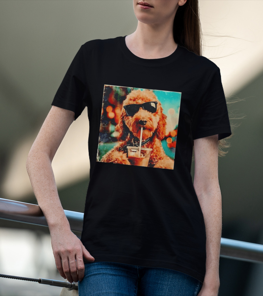 Goldendoodle With Sunglasses Enjoying Iced Coffee Retro Cool Vibes T-Shirt