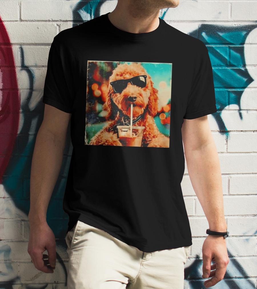 Goldendoodle With Sunglasses Enjoying Iced Coffee Retro Cool Vibes T-Shirt