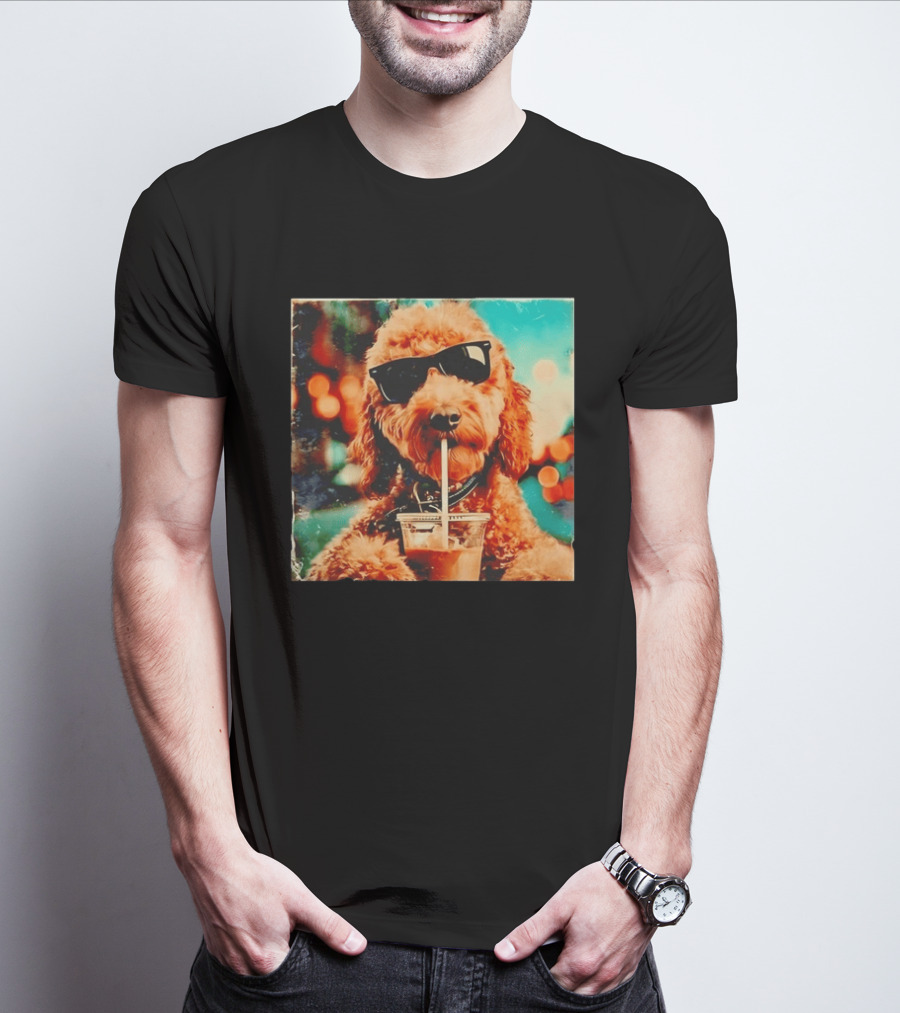 Goldendoodle With Sunglasses Enjoying Iced Coffee Retro Cool Vibes T-Shirt