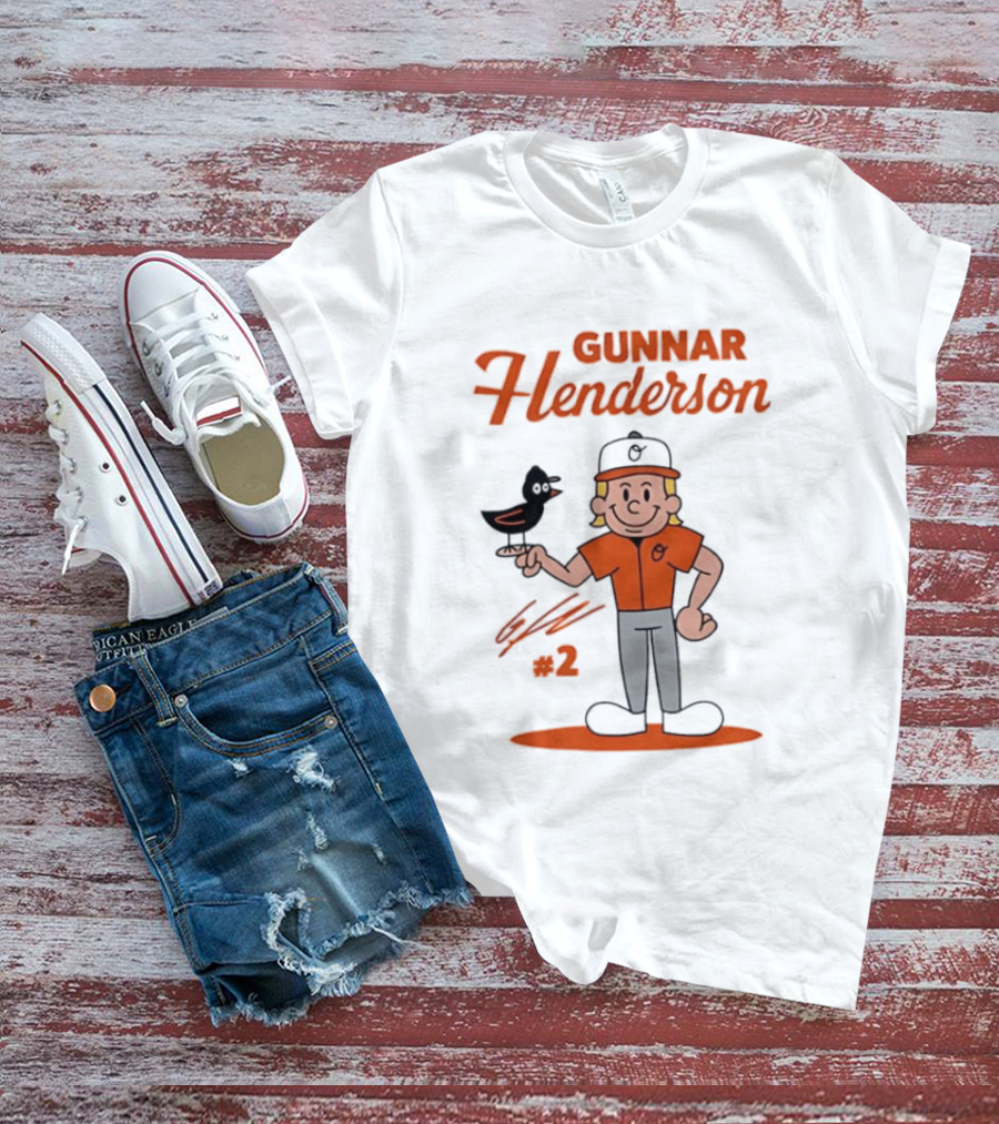 Gunnar Henderson Baltimore Orioles MLB Player Cartoon Character With Bird And Number 2 T-Shirt