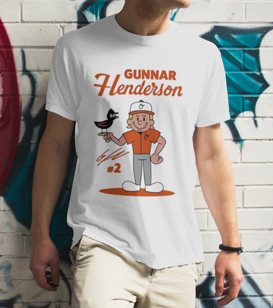 Gunnar Henderson Baltimore Orioles MLB Player Cartoon Character With Bird And Number 2 T-Shirt