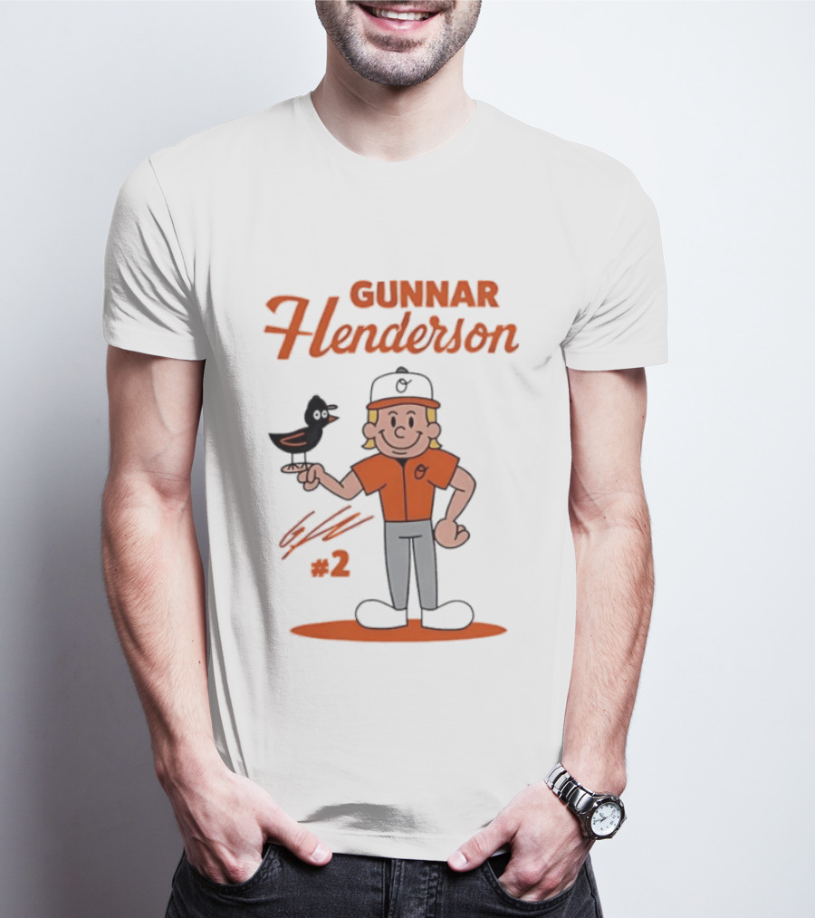Gunnar Henderson Baltimore Orioles MLB Player Cartoon Character With Bird And Number 2 T-Shirt