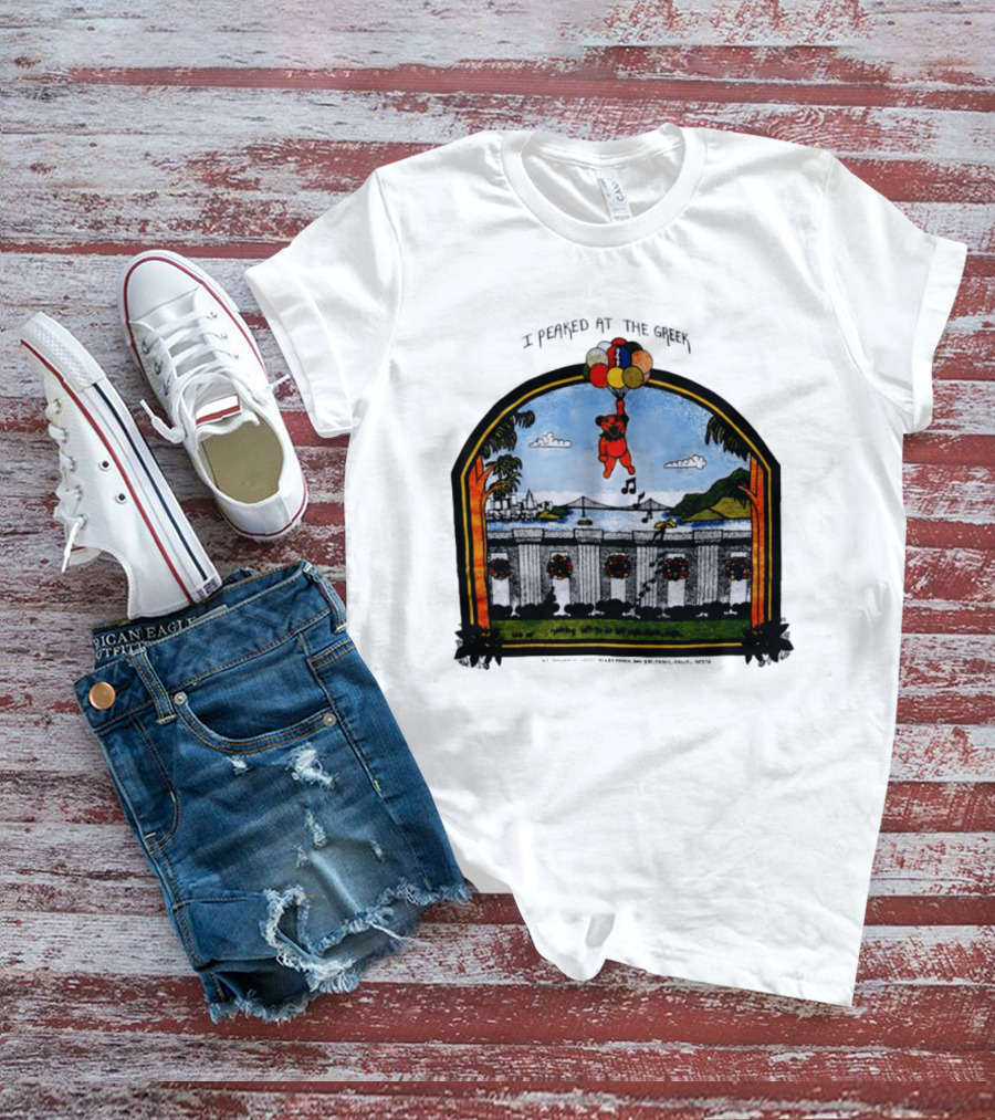 I Peaked At The Greek Grateful Dead 1985 Bear Balloons Musical Notes T-Shirt