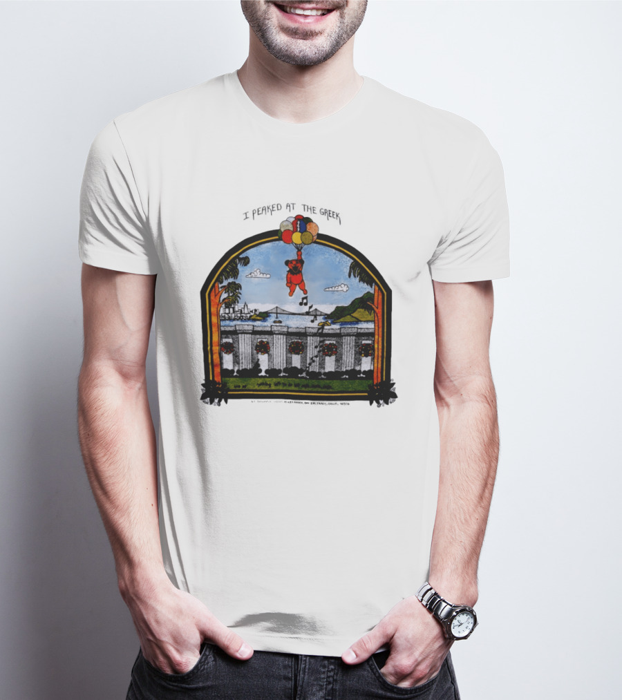I Peaked At The Greek Grateful Dead 1985 Bear Balloons Musical Notes T-Shirt