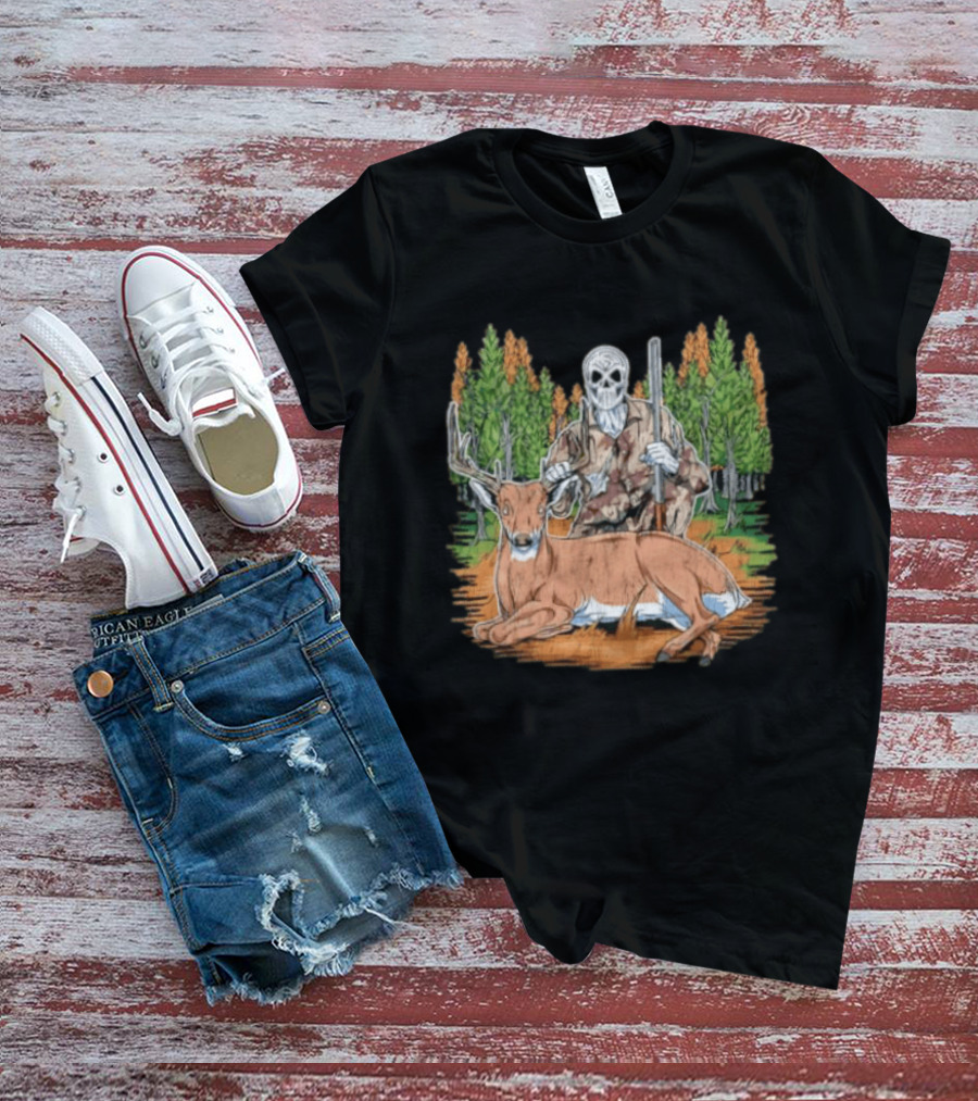 Skeleton Deer Hunting Skull Mask Camouflage Forest Scene T-Shirt