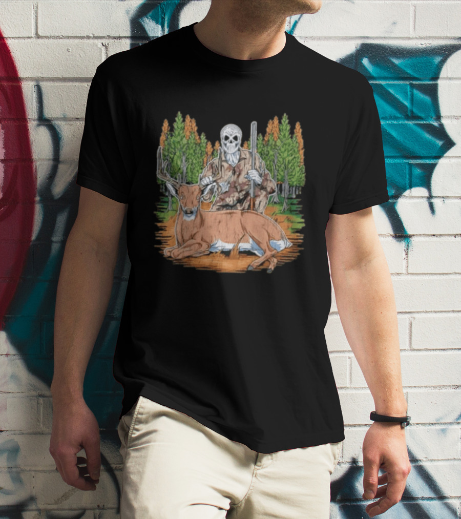 Skeleton Deer Hunting Skull Mask Camouflage Forest Scene T-Shirt
